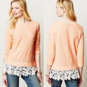 Anthropologie Sunday in Brooklyn Lace Hem Top Citrus Coral Slub Knit Boho XS